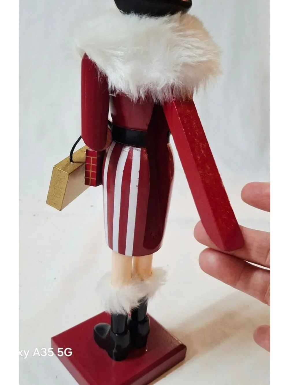 Festive Nutcracker Figurine Woman Holding Gift Bags Fur Accents 12
